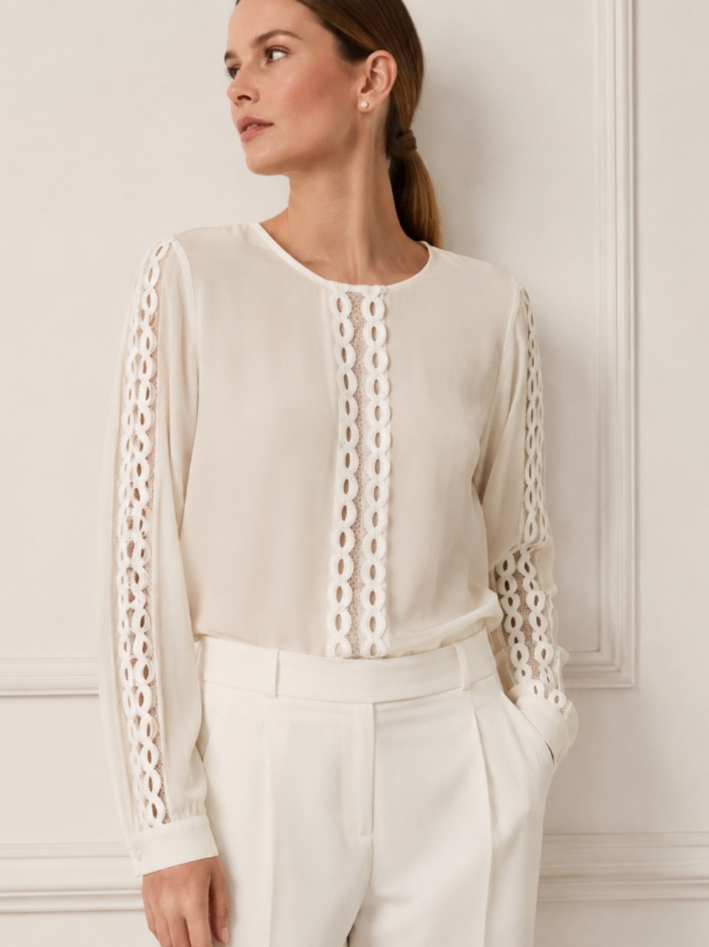 Anne Fontaine Silk Ivory Lace Trim Blouse Size Medium